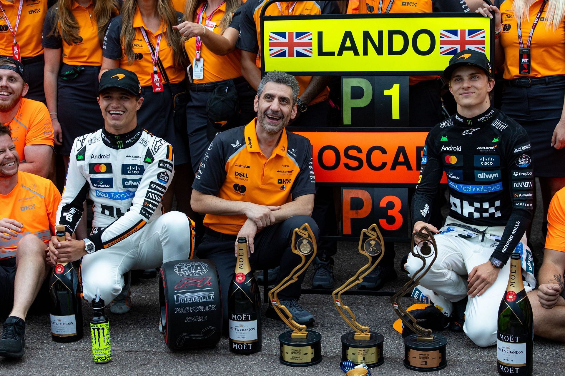 McLaren's Lando Norris and Oscar Piastri with Team Principal Andrea Stella after the F1 Grand Prix of Monaco. Source: Getty